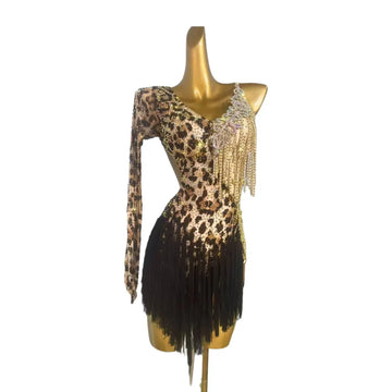 Latin Dance Dress High-end Custom Slim Fit Leopard Print Black Tassel Skirt Samba Tango Women's Adult Stage Costume