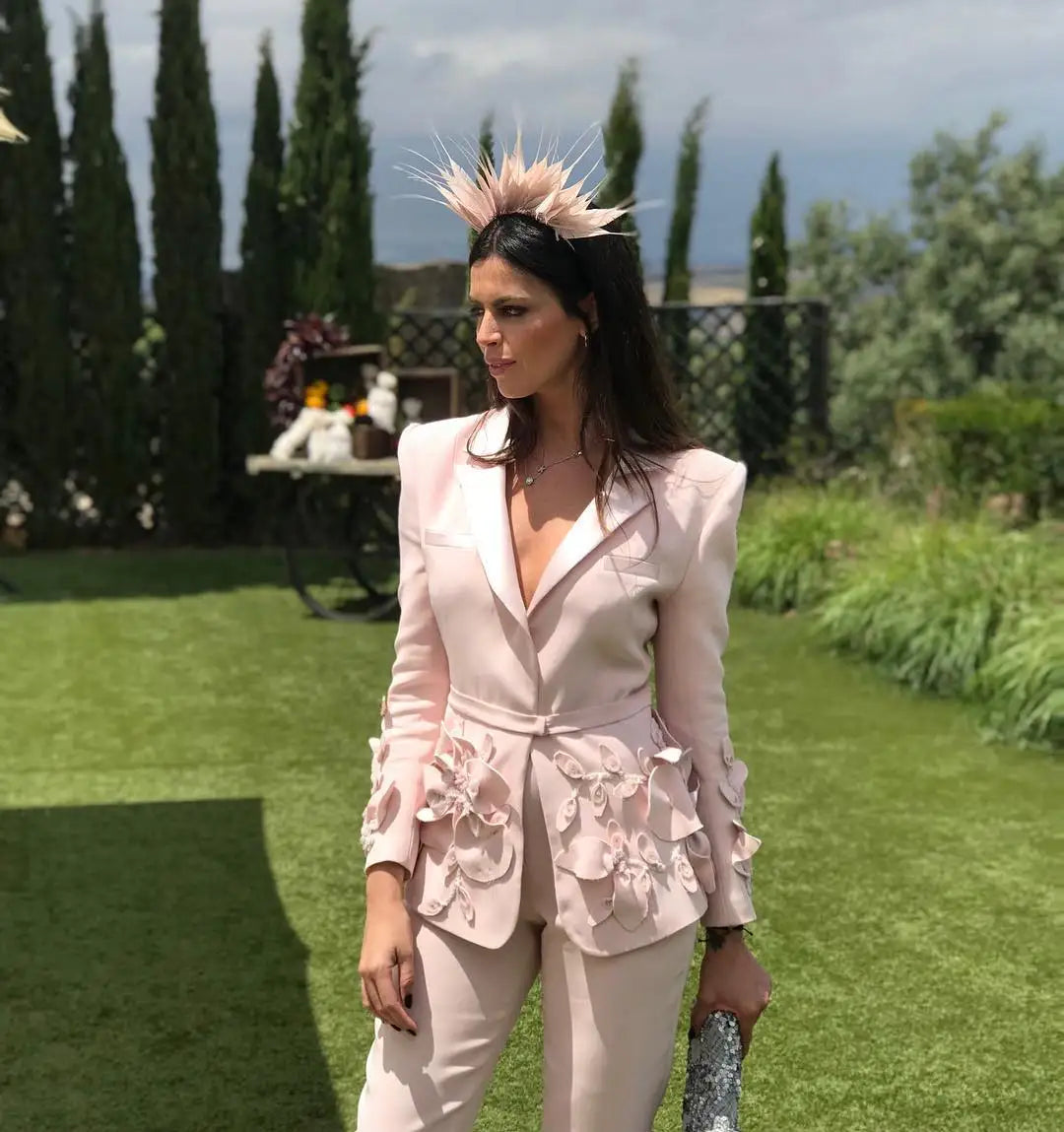 Robe rose vintage avec appliques et fleurs, veste ajustée sur mesure, blazer formel pour fête de célébrité, ensemble 2 pièces