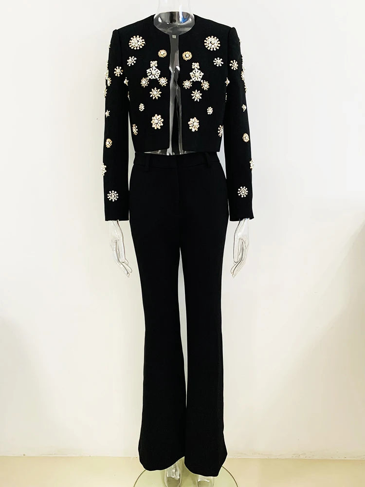 Designer Runway Suit Set Women Stunning Diamonds Stone Beaded Blazer Jacket Slit Flare Pants Set 2PCS