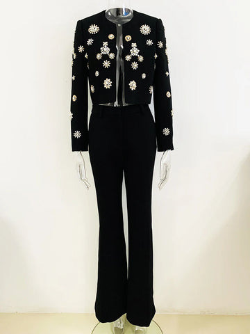 Designer Runway Suit Set Women Stunning Diamonds Stone Beaded Blazer Jacket Slit Flare Pants Set 2PCS