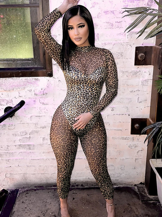 Sexy Patchwork Leopard Print Jumpsuit Women Fashion Backless Bandage Long Sleeve Rompers Female Party Clubwear Overalls