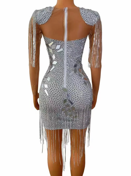 Women Sexy Silver Mirrors Crystals Chains Mesh Dress See Through Birthday Party Celebrate Fringes Costume Nightclub Stage Dress