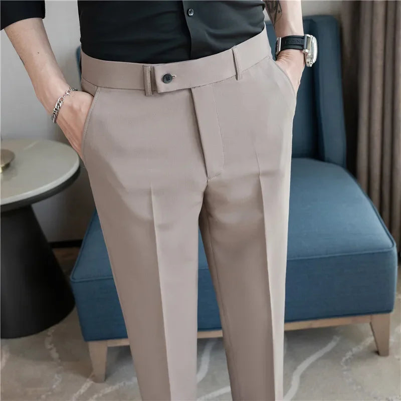 Thin White Elastic Nine Cent Suit Pants for Men,gray Blue Four-side Elastic Comfortable Drape Men's Casual Trousers