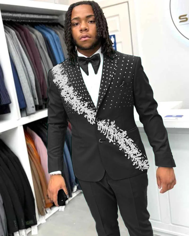 Luxury Men's Suits Crystals 2-Piece Single Breasted Blazer Peaked Lapel Formal Occasions Party Prom Customized Plus Size Tuxedo