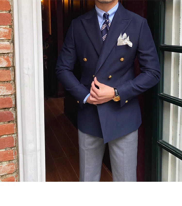 Blazer de estilo británico para hombre, traje ajustado de dos piezas con doble botonadura, color liso, informal y moderno.