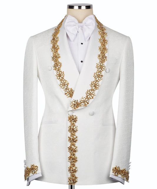 Men Suits Wedding Elegant 2 Pieces Set Coat Shawl Lapel Jacquard Crystal Tailor-Made Groom Blazer Party Customized Jacket Pants