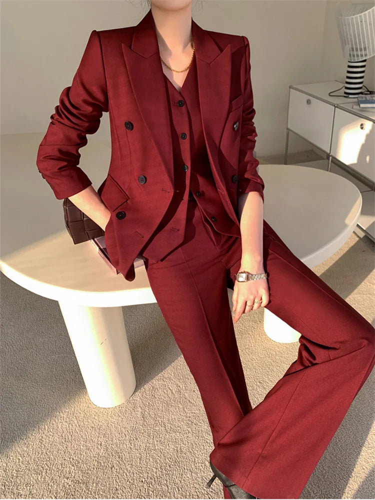 Elegant Burgundy 3-Piece Suit Set for Women - Spring Office Attire with Double-Breasted Blazer, Stylish Vest, and Wide Leg Trousers