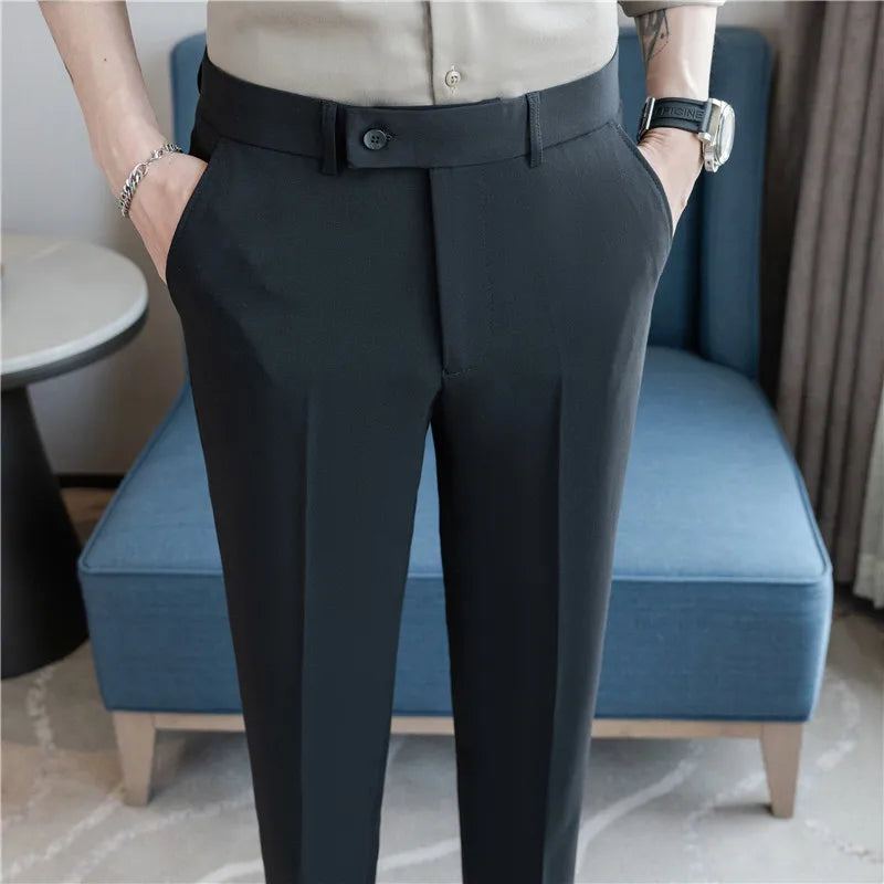 Thin White Elastic Nine Cent Suit Pants for Men,gray Blue Four-side Elastic Comfortable Drape Men's Casual Trousers