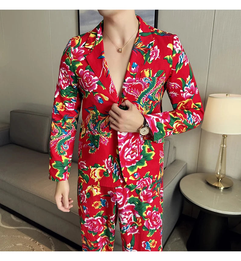 Traje de 2 piezas para hombre, estilo vintage, para fiesta, con estampado de flores grandes, estilo noreste de China, chaqueta y pantalones.
