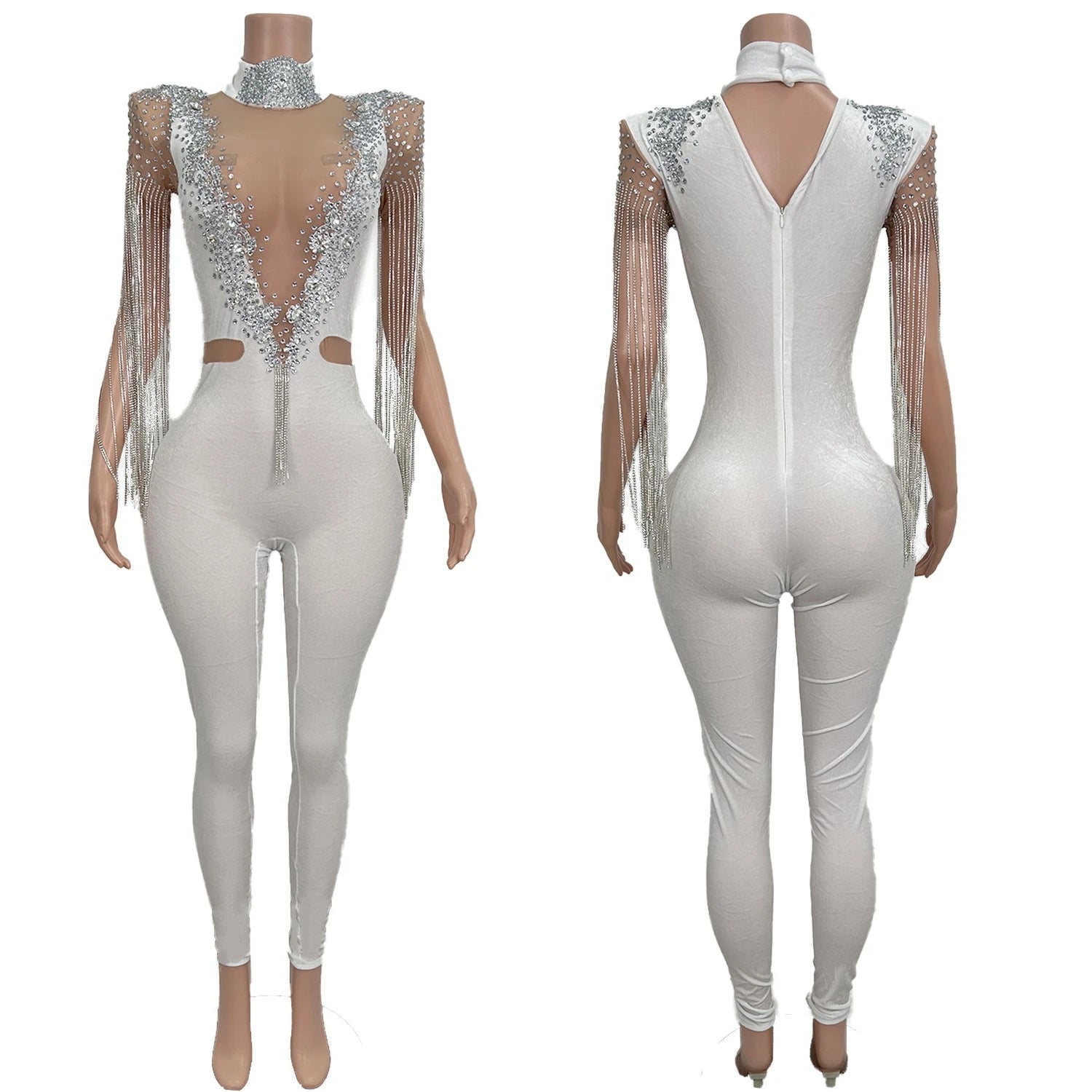 Women Long Sleeved Crystals Tassel Shoulder Pad Jumpsuit Stage Outfit Tight Fitting Sexy Jumpsuit Carnival Party Wear