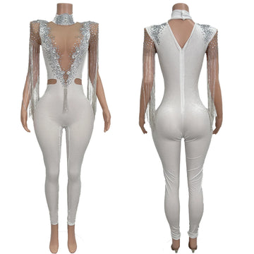 Women Long Sleeved Crystals Tassel Shoulder Pad Jumpsuit Stage Outfit Tight Fitting Sexy Jumpsuit Carnival Party Wear
