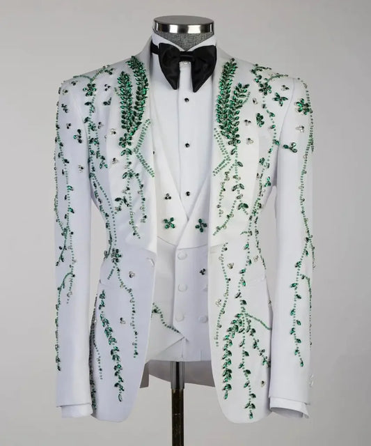Gorgeous Men Suits Crystal Beaded Groom Tailor-Made 2 Pieces Set Shawl Lapel One Button Blazer Customized Jacket Vest Pants