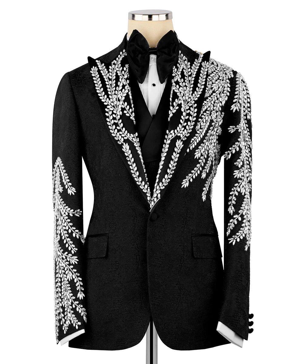 Luxury Men Suit Jacquard 2-Piece Blazer Single Breasted Jacket Beaded Slim Fit Wedding Tuxedo Groom Prom Customized
