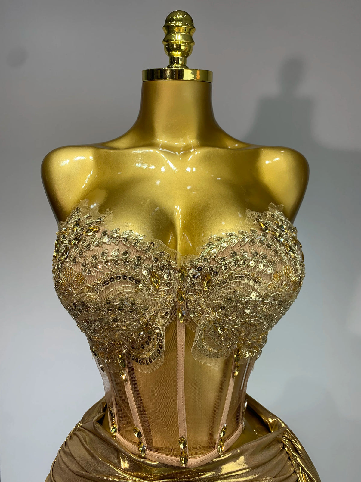 Women Sexy Strapless Sequins Rhinestone Gold Dress Glitter Top Two Pieces Sets Birthday Evening Party Club Singer Stage Outfit