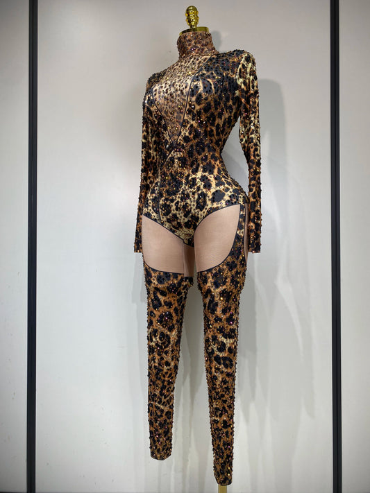 Stretch Leopard Print Sexy Bodycon Jumpsuit Bar Nightclub Singer Dancer Luxury Diamond Stage Performance Outfit