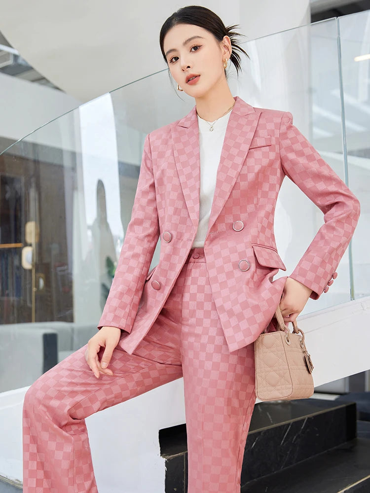 Fashion Ladies Formal Pant Suit Women Purple Pink Black Plaid Jacket and Trouser Female Business Work Wear 2 Piece Blazer Set