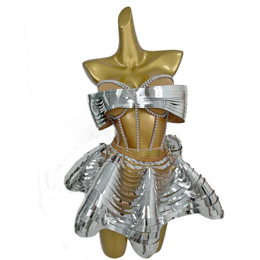 Mini Skirt Tight Corset 2PCS Set Silver Glossy Pleated Skirt Bow Tie Tie Top Wedding Cocktail Party Evening Prom Gown