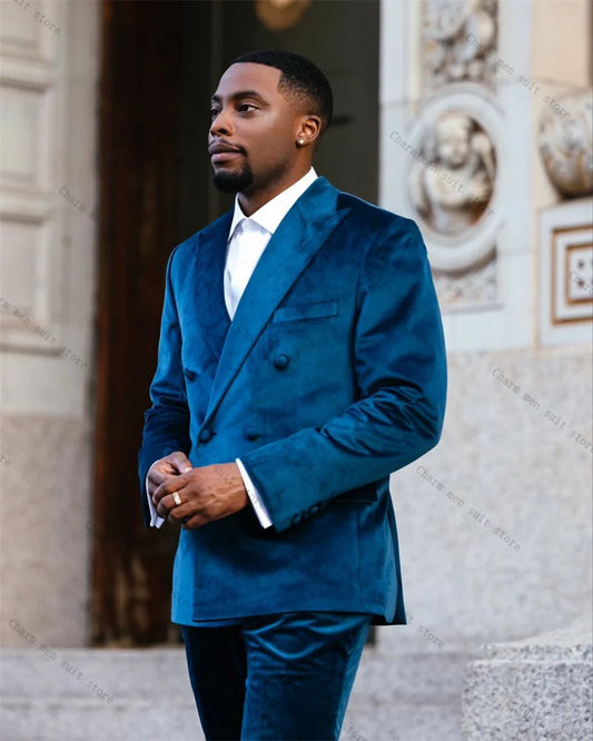 Velvet Blue Men Suit Set 2 Piece Blazer+Pants Trousers Winter Autumn Customized Formal Office Jacket Wedding Tuxedos Prom Coat