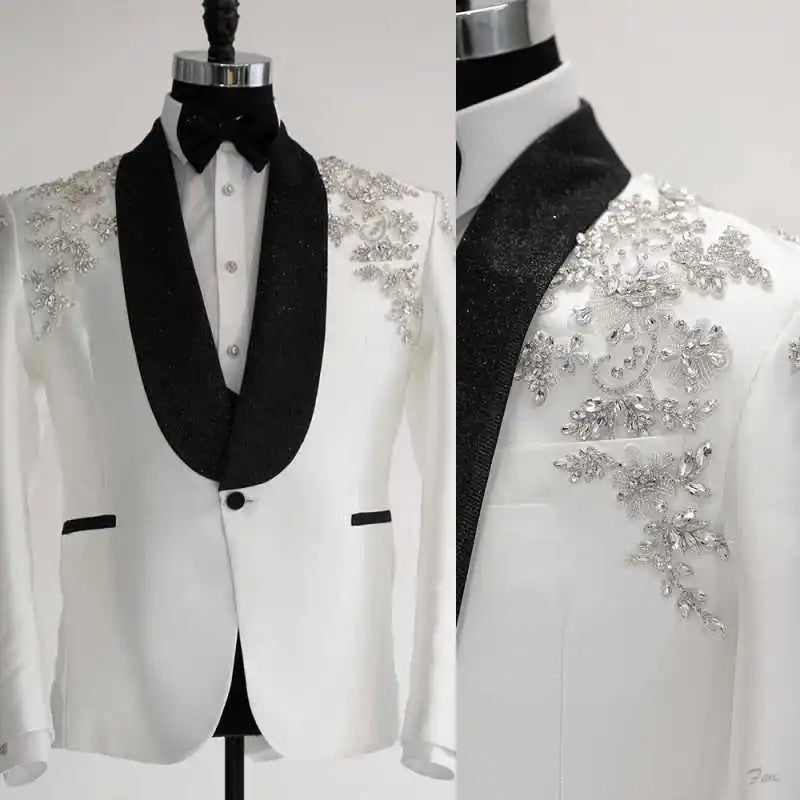 Elegant Wedding Tuxedos Beaded Crystal Shawl Lapel Men Suit Sparkly 1 Pcs Jacket Formal  Evening Business Blazer Customized