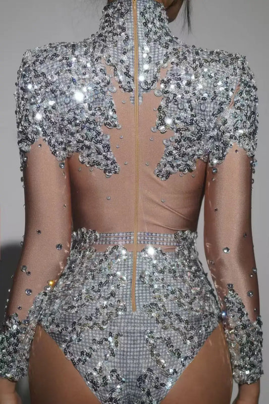Body à paillettes et strass scintillants à manches longues pour femme, justaucorps de chanteuse, tenue de scène, de danse, de fête d'anniversaire, de rave