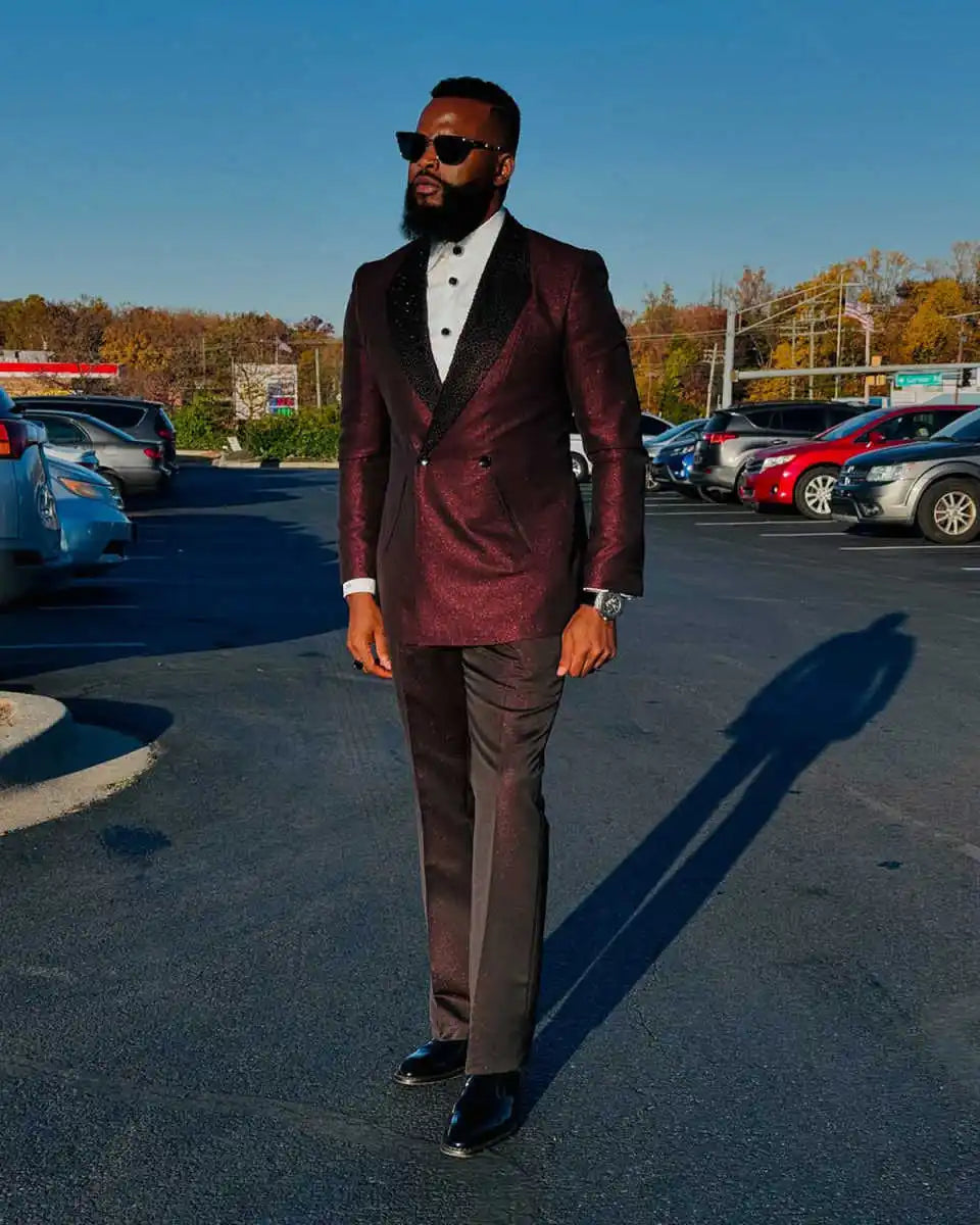 Unique Wedding Tuxedos Beaded Sequins Double Breasted Men Suits Shawl Lapel 2 Piece Set Jacket Pants Groom Blazers Customized