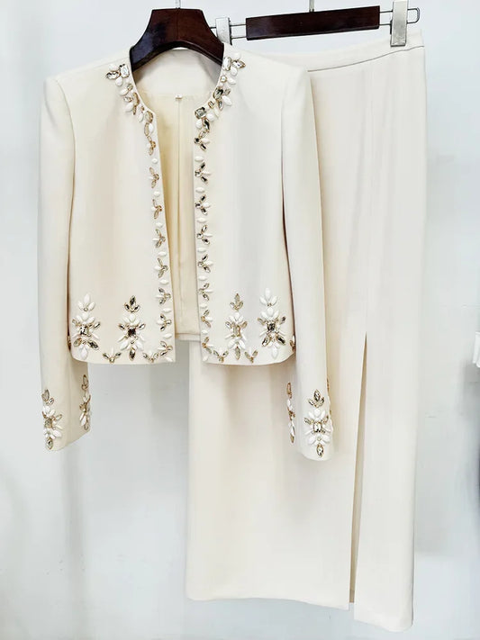 Fashion Designer Suit Set Women's Rhinestone Diamonds Beaded Cardigan Jacket Split Half Skirt Set 2pcs