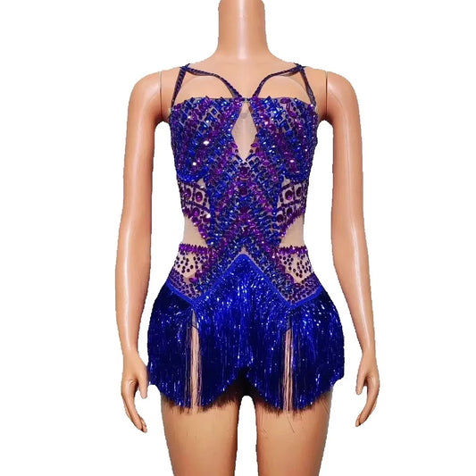 Sparkly Blue Rhinestones Tassels Bodysuit Women Sexy Performance Dance Costume Nightclub Singer Dancer Stage Photoshoot Wear