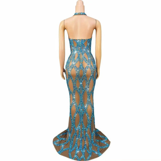 Luxurious Sparkly Blue Rhinestones Sexy V-neck Backless Nude Mesh Dress Evening Prom Elegant Gown Red Carpet Stage Wear