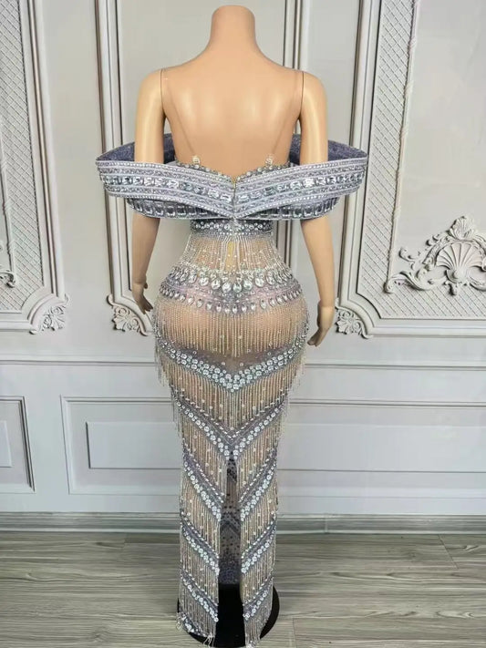 Sexy Glitter Rhinestone Gold Dress Party Off Shoulder Chain Long Dress Evening Gogo Clubwear Singer Stage Photoshoot Stage Wear