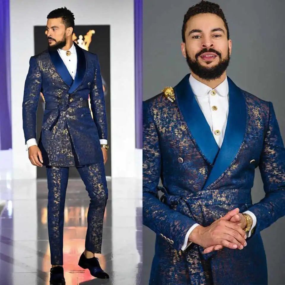 Jacquard Floral Wedding Suits for Groom Shawl Lapel Double Breasted Tuxedos 2 Pcs Jacket Pants Evening Party Prom Customized