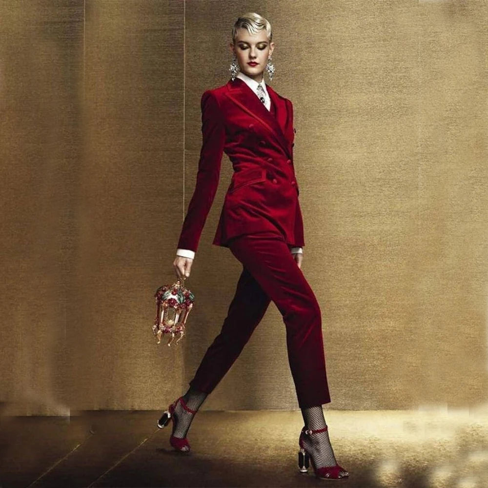 Ensemble 2 pièces en velours pour femme, blazer croisé et pantalon assortis pour bal de promo 