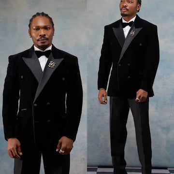 Classic Wedding Tuxedos 2 Pcs Jacket Pants Velvet Men Suit Casual Peaked Lapel Double Breasted Evening Groom Party Customized