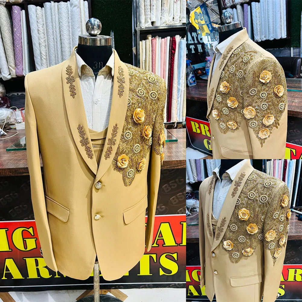 Luxury Men Suits Shawl Lapel 3D Flowers Tailor-Made One Pieces Set Jacket Only Blazer Beading One Button Groom Customized Coat