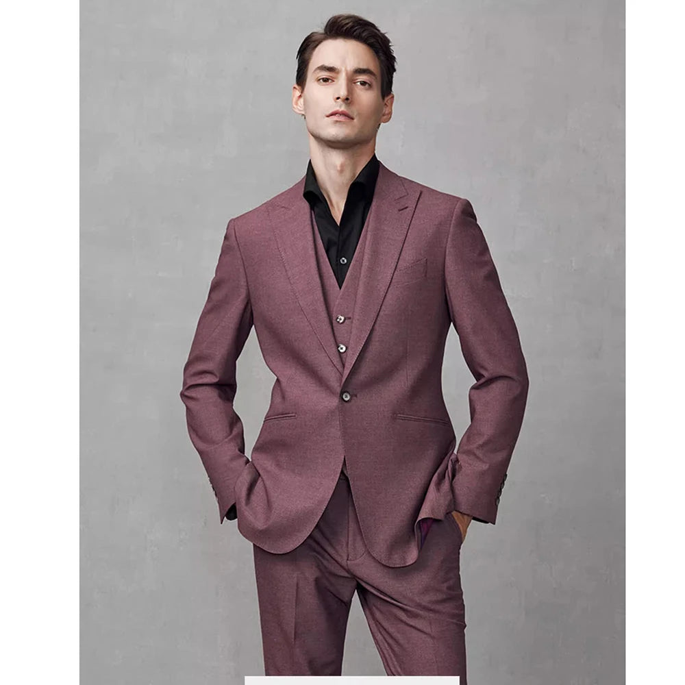 Traje de 3 piezas de moda con solapa de pico, color liso, para caballero, corte entallado, para negocios, informal, para fiesta de boda, esmoquin, blazer, chaleco y pantalones