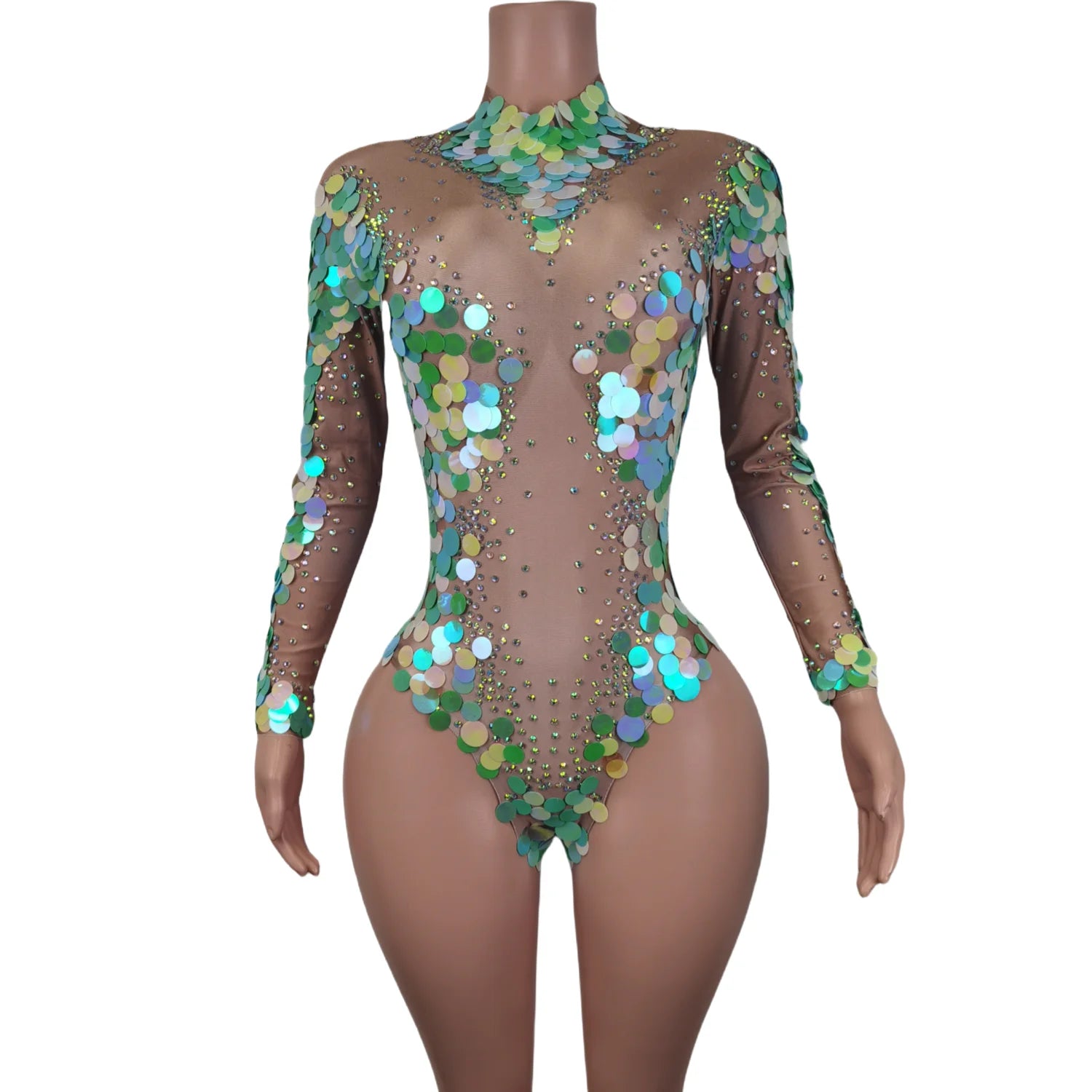 Mono de lentejuelas multicolor para mujer, ropa de espectáculo de danza jazz, fiesta, sexy, de malla y con diamantes de imitación, ajustado. 