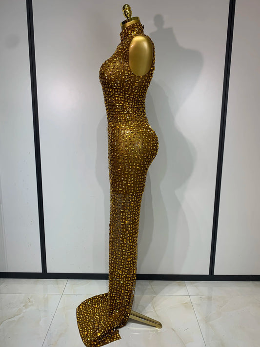 Sparkly Gold Rhinestone Sleeveless Stretch Long Dress Women Sexy Mesh Celebrate Evening Prom Birthday Dress Photo Shoot Wear
