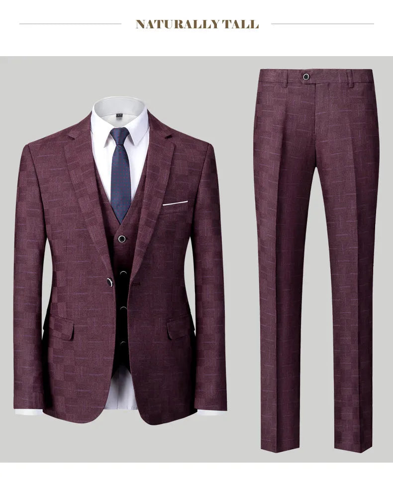 Plaid Men's Suit Korean Slim Suit Suit Men's Business Large Size Three-piece Set