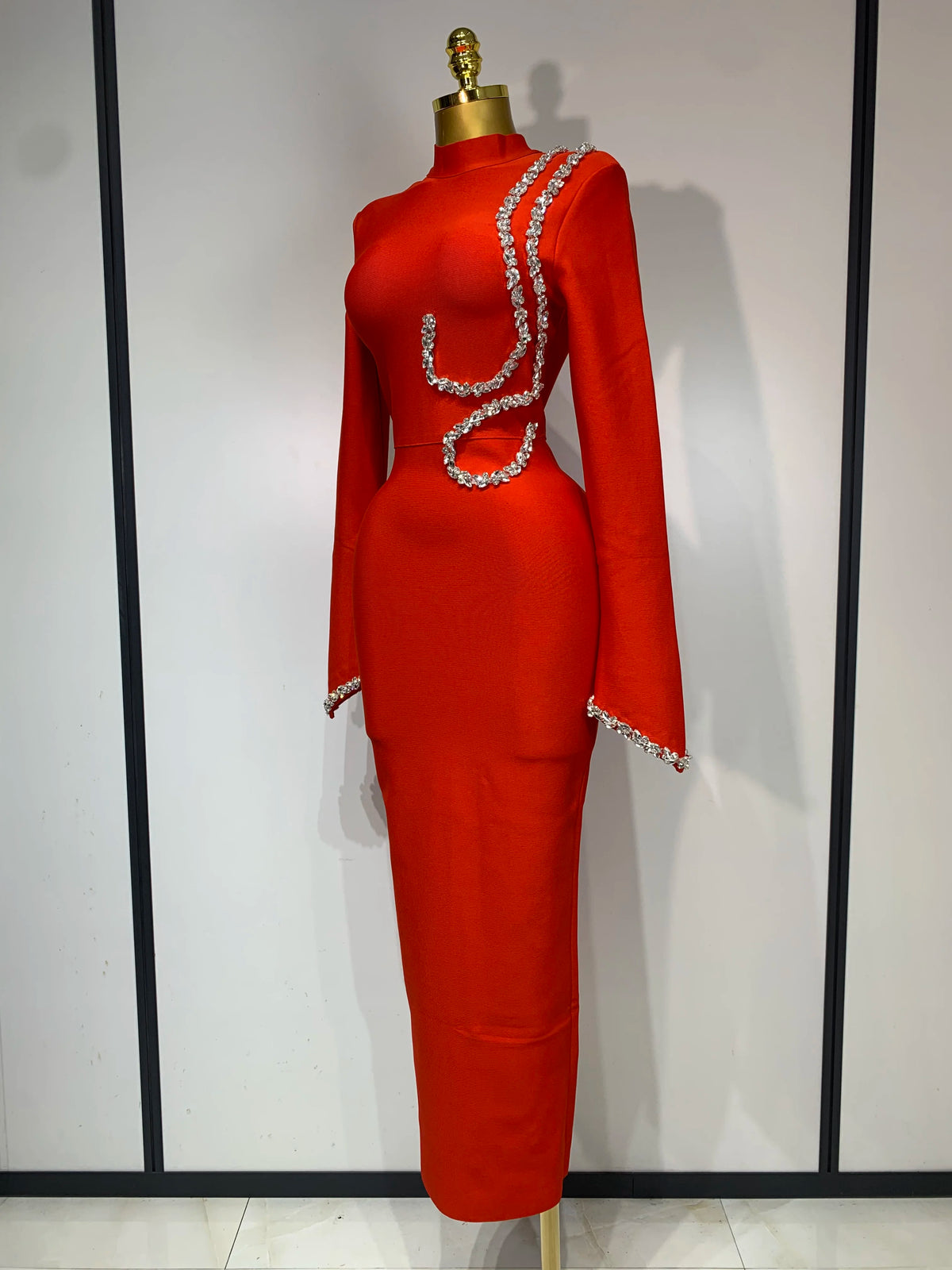 Women Sexy Long Sleeve Diamonds Maxi Long Bodycon Bandage Dress Celebrity Elegant Evening Party Luxury Birthday Dresses
