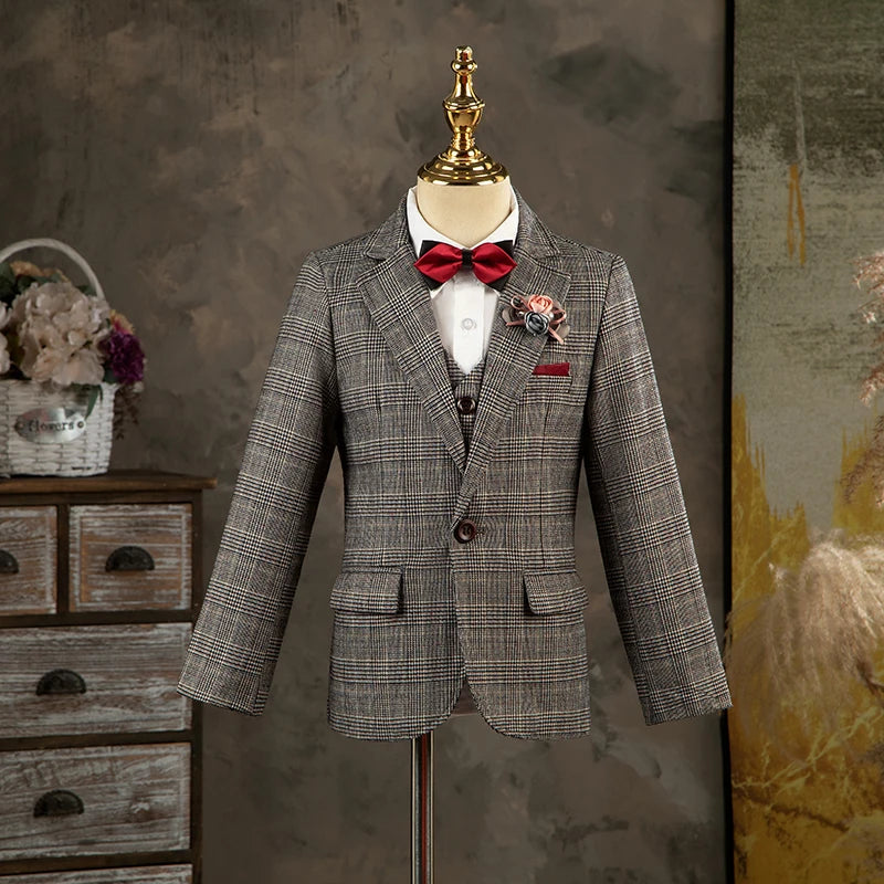 Ensemble de costume formel à carreaux gris pour garçon avec blazer à nœud papillon, gilet et pantalon 