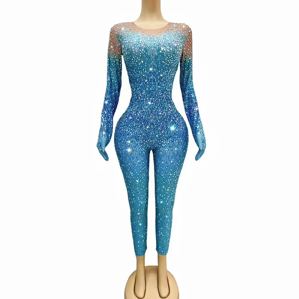 Sexy Stage Costume Full Rhinestones Long Sleeves Gloves Jumpsuit Evening Fashion Show Outfit Women Dance Photoshoot Bodysuit
