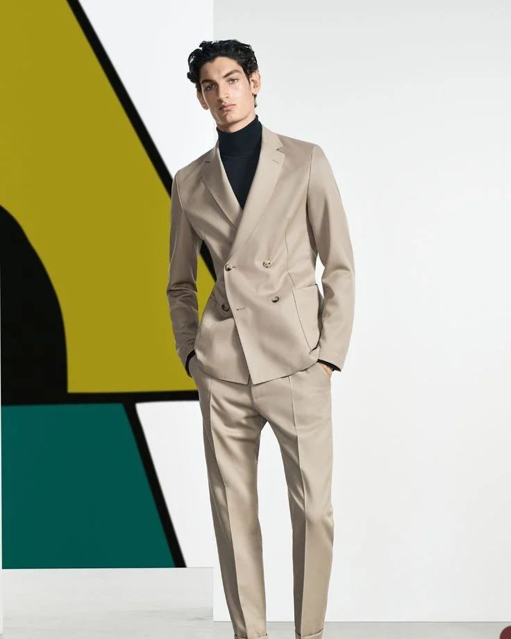 Khaki Men Suit 2 Pieces Business Blazer Pants Double Breasted New Modern Lapel Wedding Groom Formal Work Party Causal Tailored