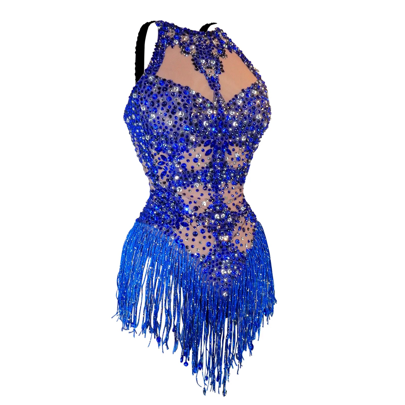 Sexy Skinny Women Dance Costume Sparkly Blue Rhinestones Fringes Bodysuit Leotard Singer Dancer Show Stage Wear Queen Nightclub