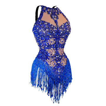 Sexy Skinny Women Dance Costume Sparkly Blue Rhinestones Fringes Bodysuit Leotard Singer Dancer Show Stage Wear Queen Nightclub