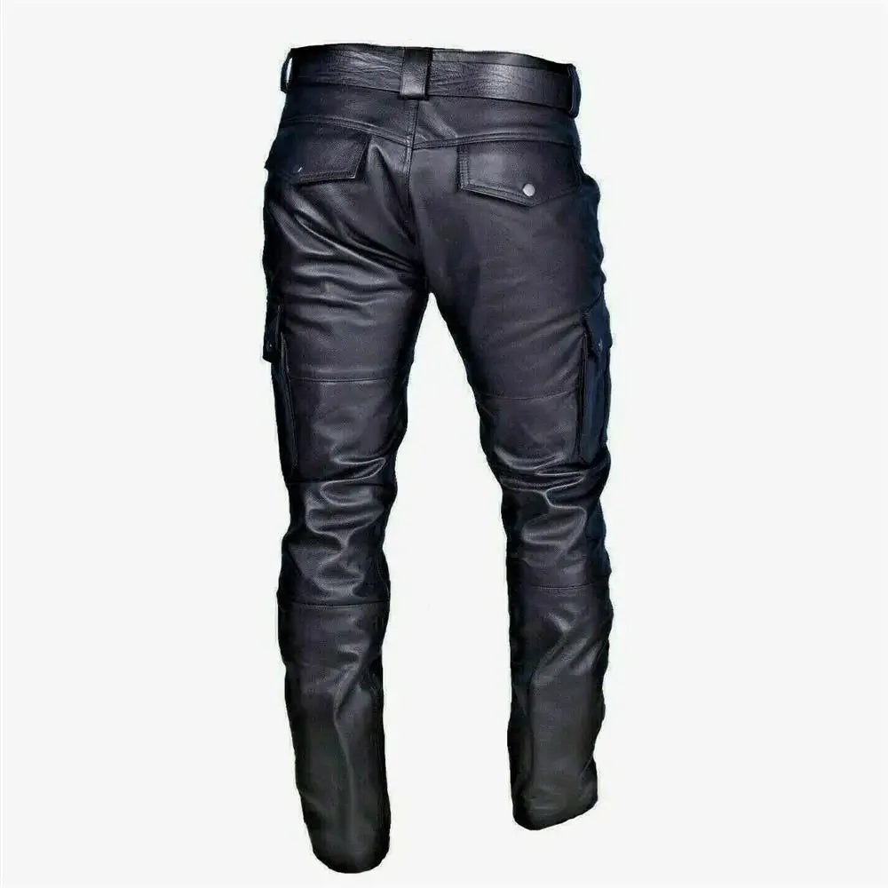 Deep Black System Rock Biker Leather Pants Male Casual American PU Trouser Without Belt
