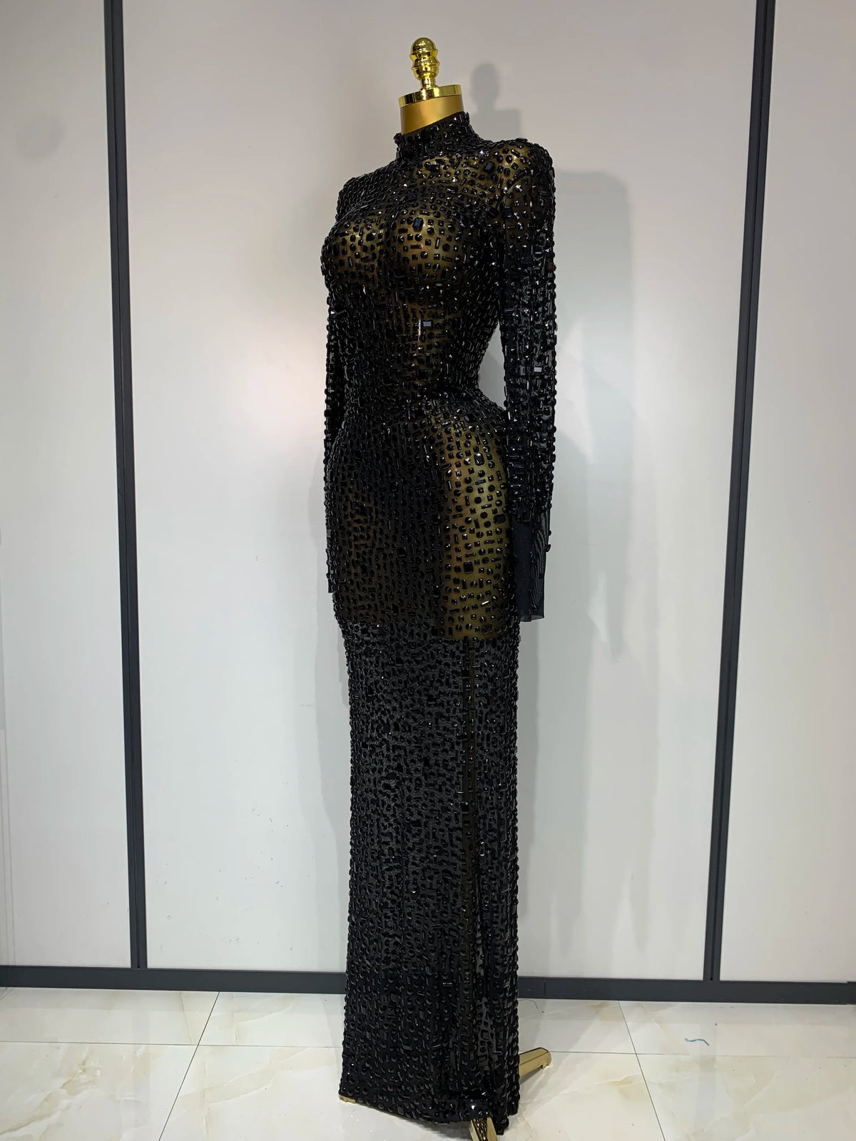 Sparkly Luxury Rhinstones Long Sleeve Elegant Party Dress Women Performance Stage Outfit Evening Birthday Prom Gown