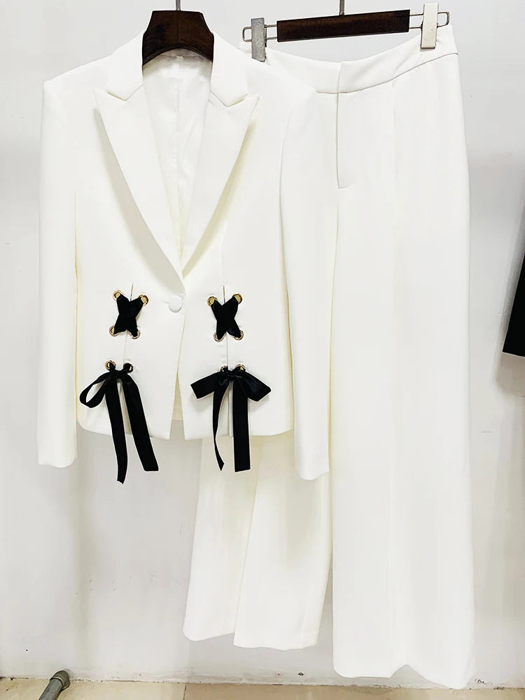 Fashion S/S Designer Runway Women's Ribbons Lacing Single Button Blazer Suit Straight Pants Set 2pcs