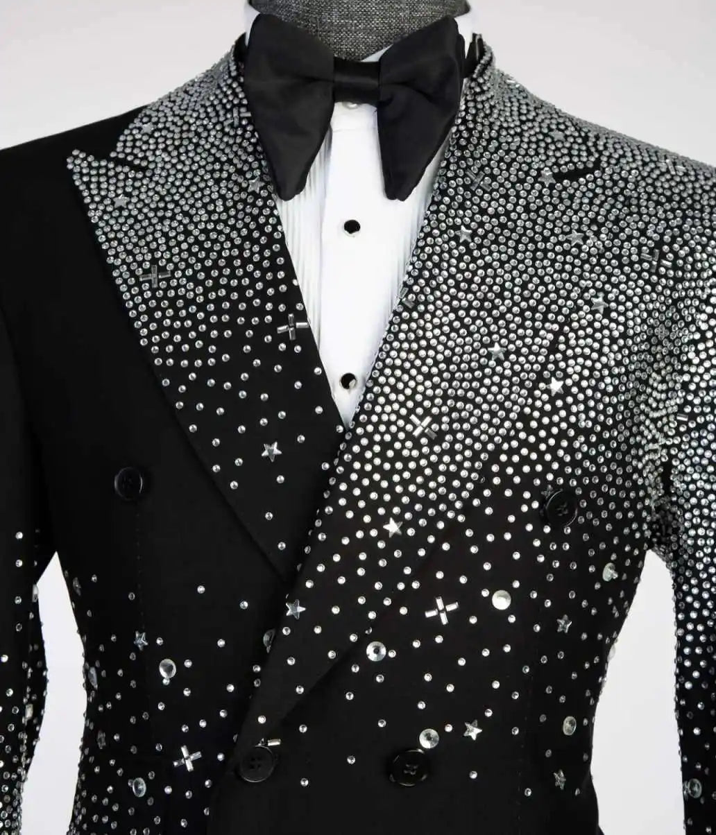 Sparkly Men's Suits 2-Piece Beads Blazer Peaked Lapel Double Breasted Wedding Slim Fit Diamonds Custom Made Plus Size