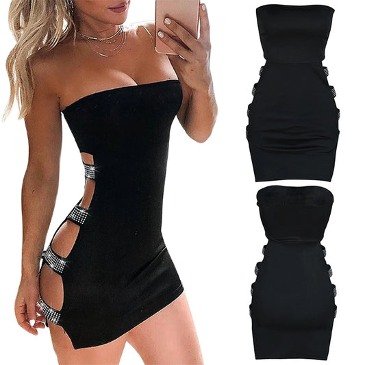 Women’s Sexy Tube Tops Pencil Dress Fashion Solid Color Rhinestone Hollow Skinny Short Dress Streetwear