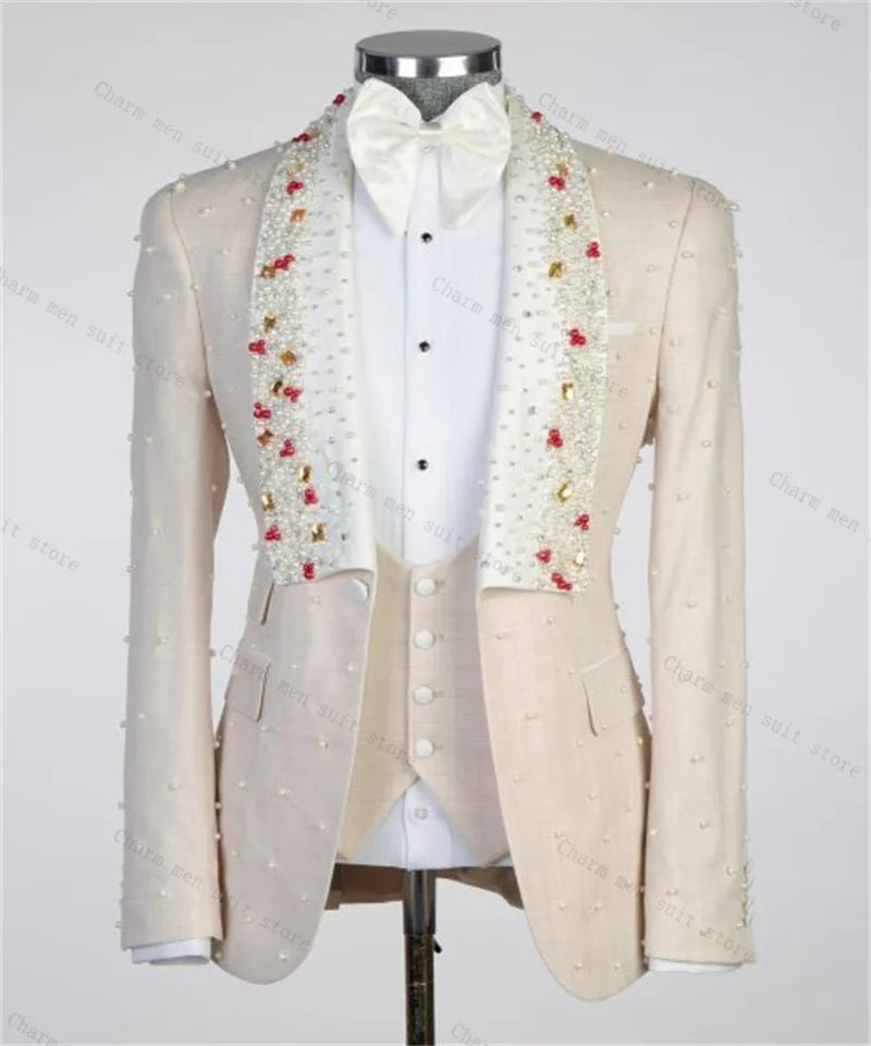 Luxury Crystals Beige Men Suit Set 2 Piece Blazer+Pants Trousers Customized Formal Office Jacket Groom Wedding Tuxedos Coat