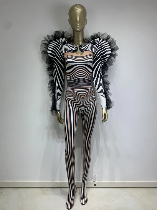 Mono ajustado con rayas de cebra de High Street, disfraz de cantante de baile para discoteca, traje sexy de manga larga de dos piezas para mujer